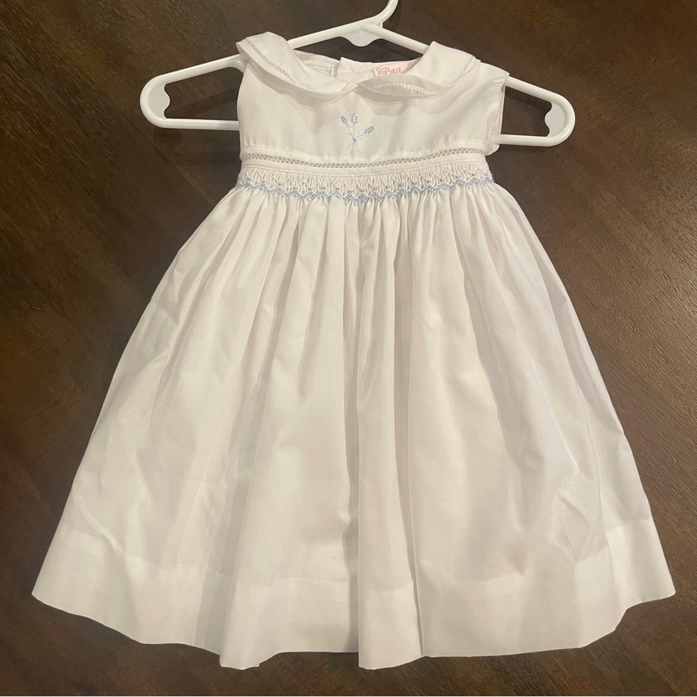 Petit‎ Ami 9 months white smocked dress with blue flowers embroidered tie back